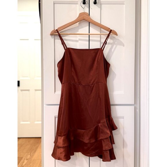Lulus Dreams Come True Size Small Brown Satin Ruffled Mini Dress Fall - Picture 5 of 6